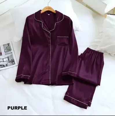 Purple Silk 3PC Night Suit for Women thumbnail 1