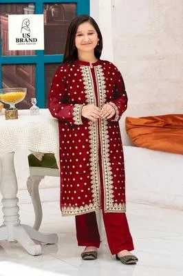3 Pcs Girl's Shamery Embroidered Kurta And Trouser