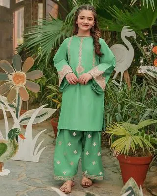 2 Pcs Girl's Cotton Embroidered Shirt And Trouser Suit