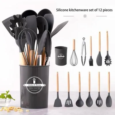 Premium Quality 12 Pcs Silicone Cooking Utensils Kitchen Utensil Set - Heat Resistant Non-Toxic BPA Free Spatula Set with Turner Tongs,Spoon,Brush,Whisk-Wooden Handles Kitchen 
