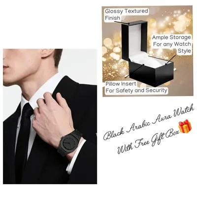 Men's Carbon Fiber Black Arabic Aura Watch With Free Gift Box 