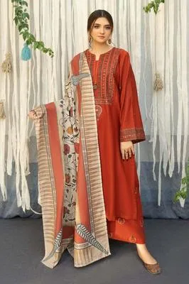 Orange Embroidered 3-Piece Lawn Suit with Printed Dupatta