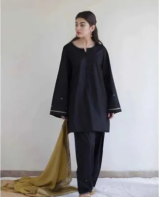 Black Embroidered Lawn Suit with Yellow Dupatta thumbnail 2