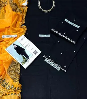 Black Embroidered Lawn Suit with Yellow Dupatta thumbnail 3