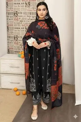 Black Embroidered Lawn 3Pcs Suit with Digital Print Dupatta