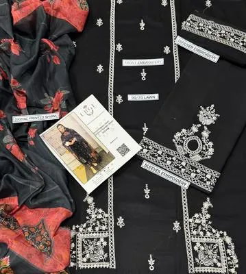 Black Embroidered Lawn 3Pcs Suit with Digital Print Dupatta thumbnail 3