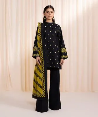 Black Embroidered Lawn Suit 3 Pcs with Yellow Dupatta
