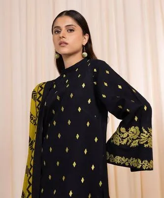 Black Embroidered Lawn Suit 3 Pcs with Yellow Dupatta thumbnail 2