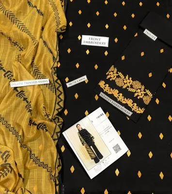 Black Embroidered Lawn Suit 3 Pcs with Yellow Dupatta thumbnail 3