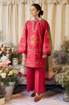 Pink Embroidered 3-Piece Lawn Suit for Women