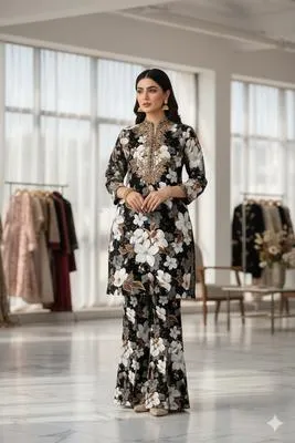 Chic Black Printed Suit -- 2 Pcs Lawn Fabric Ensemble