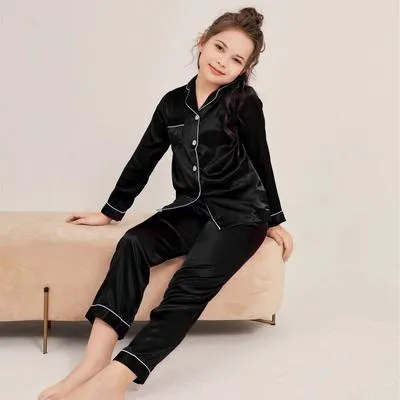 2 Pcs Girl's Stitched Polyester Plain Night Suit