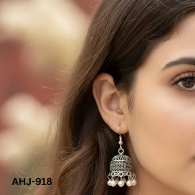 Silver Indian Jhumka Earrings with Pearl Drops thumbnail 2