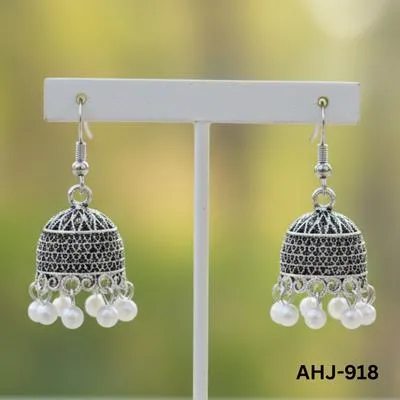 Silver Indian Jhumka Earrings with Pearl Drops