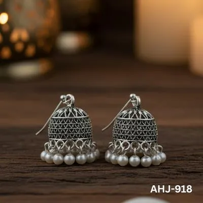 Silver Indian Jhumka Earrings with Pearl Drops thumbnail 3