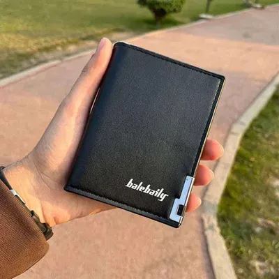 Men's Black Leather Tri-Fold Wallet 12x9x3cm