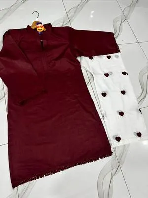 Maroon Embroidered Women's 2Pcs Cotton Shirt & Trouser Set thumbnail 2