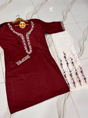 Summer Embroidered Cotton Pajama Set Red White 2Pcs thumbnail 2