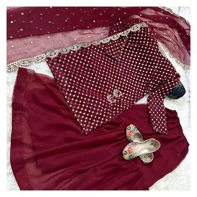 3 Pcs Women’s Stitched Chiffon Zari Embroidered Gharara Shirt