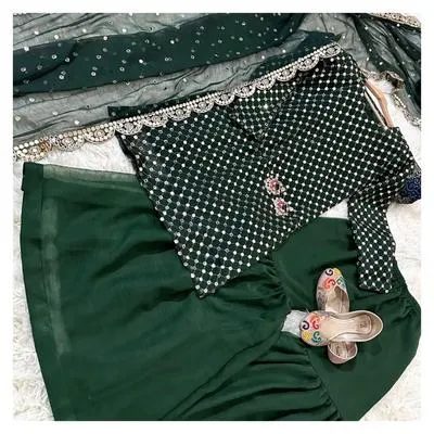 3 Pcs Women’s Stitched Chiffon Zari Embroidered Gharara Shirt