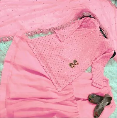 3 Pcs Women’s Stitched Chiffon Zari Embroidered Gharara Shirt