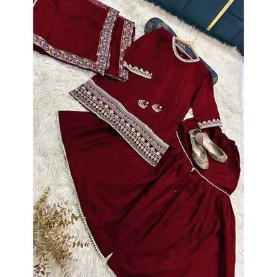 3 Pcs Women’s Stitched Shamoz Silk Sequins Embroidered Gharara Shirt