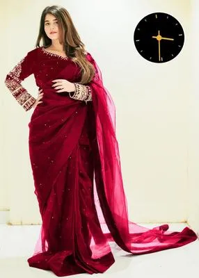 2 Pcs Women’s Chiffon Embroidered Stitched Saree