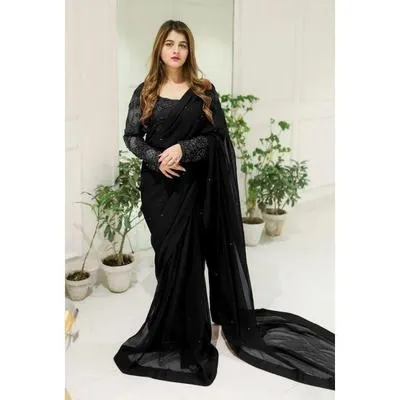 2 Pcs Women’s Chiffon Sequins Embroidered Stitched Saree