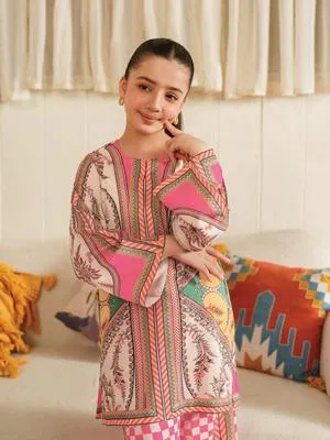 2 Pcs Girl's Arabic Lawn Printed Stitched Suit