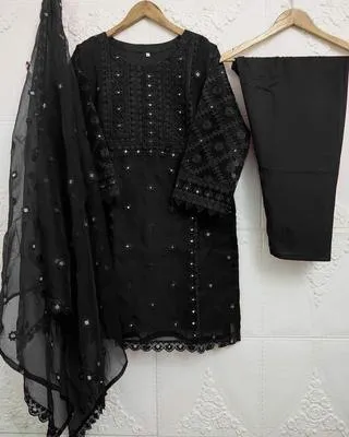 3 Pcs Girl's Chiffon Embroidered Kurta And Shalwar Suit