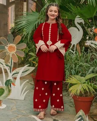 2 Pcs Girl's Cotton Embroidered Kurta And Shalwar Suit