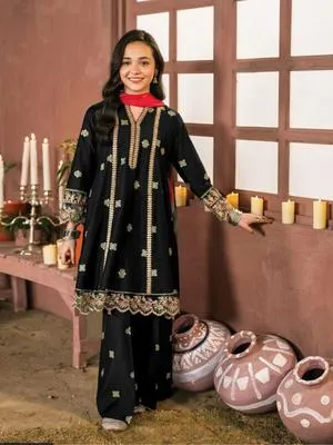 2 Pcs Girl's Cotton Embroidered Frock And Trouser Set