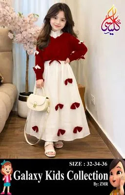 Girls Georgette Bow Top Maxi Set Red White 2Pcs
