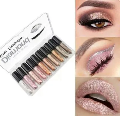 Heng Fang Shine Diamond Glitter Eyeshadow Pack of 10 | High-Pigment Liquid Glitter Eye Shadow | Long-Lasting Shimmer Makeup for Party, Bridal & Daily Use