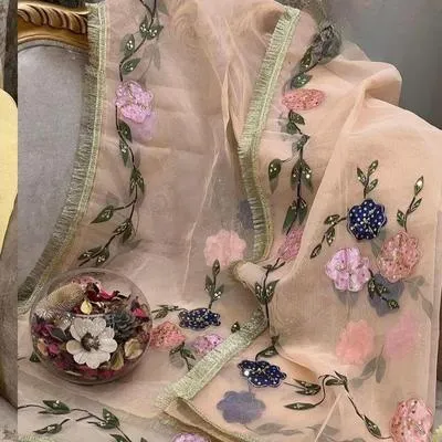 Women's Stitched Dupatta - Organza Brush Paint with Nagina Heavy Beeds Work with Oil Paint Bunches & Bail 4 Sided Border Lace - Unique Design