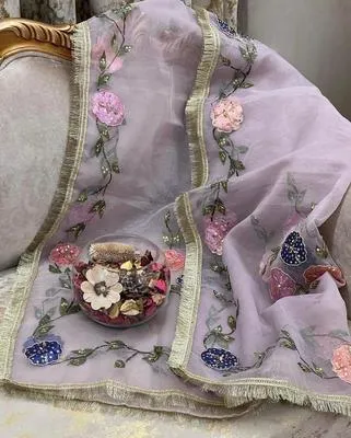 Women's Stitched Dupatta - Organza Brush Paint with Nagina Heavy Beeds Work with Oil Paint Bunches & Bail 4 Sided Border Lace - Unique Design