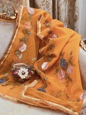 Women's Stitched Dupatta - Organza Brush Paint with Nagina Heavy Beeds Work with Oil Paint Bunches & Bail 4 Sided Border Lace - Unique Design