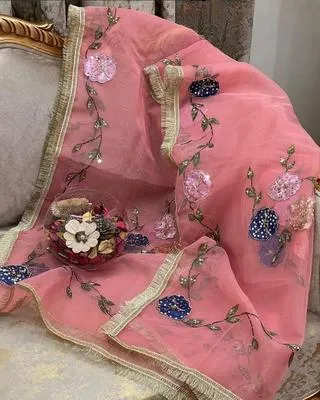 Women's Stitched Dupatta - Organza Brush Paint with Nagina Heavy Beeds Work with Oil Paint Bunches & Bail 4 Sided Border Lace - Unique Design