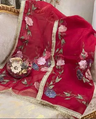 Women's Stitched Dupatta - Organza Brush Paint with Nagina Heavy Beeds Work with Oil Paint Bunches & Bail 4 Sided Border Lace - Unique Design