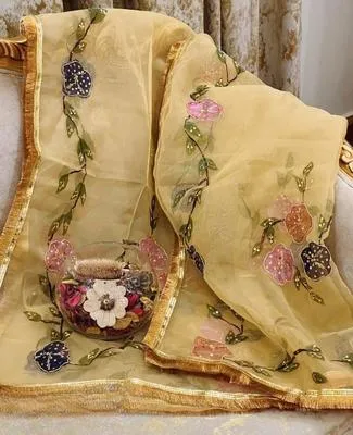 Women's Stitched Dupatta - Organza Brush Paint with Nagina Heavy Beeds Work with Oil Paint Bunches & Bail 4 Sided Border Lace - Unique Design