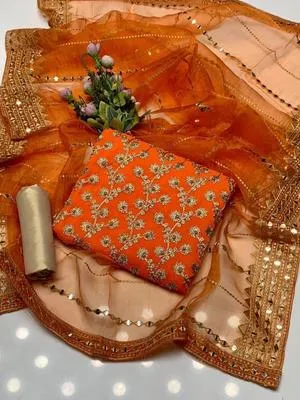 3 Pcs Women's Unstitched - Marble & Gotta Embroidery Work Shirt - Self Embossed Masoori Shalwar - Crystal Tissue 9mm Sequence Embedded 4 Side Border Work Dupatta