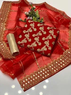 3 Pcs Women's Unstitched - Marble & Gotta Embroidery Work Shirt - Self Embossed Masoori Shalwar - Crystal Tissue 9mm Sequence Embedded 4 Side Border Work Dupatta