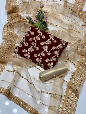 3 Pcs Women's Unstitched - Marble & Gotta Embroidery Work Shirt - Self Embossed Masoori Shalwar - Crystal Tissue 9mm Sequence Embedded 4 Side Border Work Dupatta