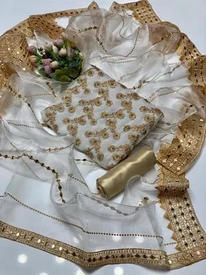 3 Pcs Women's Unstitched - Marble & Gotta Embroidery Work Shirt - Self Embossed Masoori Shalwar - Crystal Tissue 9mm Sequence Embedded 4 Side Border Work Dupatta