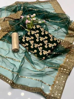 3 Pcs Women's Unstitched - Marble & Gotta Embroidery Work Shirt - Self Embossed Masoori Shalwar - Crystal Tissue 9mm Sequence Embedded 4 Side Border Work Dupatta