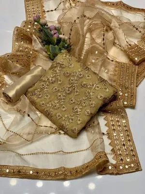 3 Pcs Women's Unstitched - Marble & Gotta Embroidery Work Shirt - Self Embossed Masoori Shalwar - Crystal Tissue 9mm Sequence Embedded 4 Side Border Work Dupatta