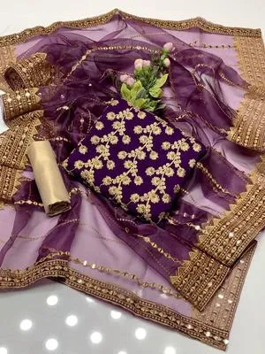 3 Pcs Women's Unstitched - Marble & Gotta Embroidery Work Shirt - Self Embossed Masoori Shalwar - Crystal Tissue 9mm Sequence Embedded 4 Side Border Work Dupatta