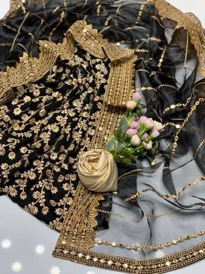 3 Pcs Women's Unstitched - Marble & Gotta Embroidery Work Shirt - Self Embossed Masoori Shalwar - Crystal Tissue 9mm Sequence Embedded 4 Side Border Work Dupatta