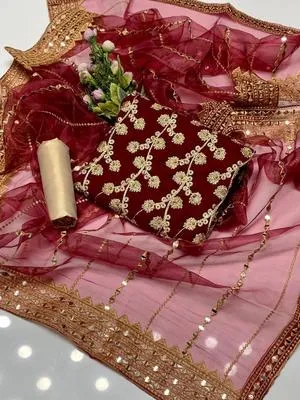 3 Pcs Women's Unstitched - Marble & Gotta Embroidery Work Shirt - Self Embossed Masoori Shalwar - Crystal Tissue 9mm Sequence Embedded 4 Side Border Work Dupatta