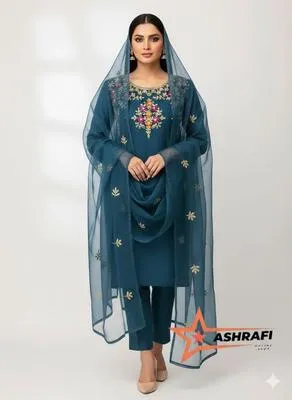 3 Piece Unstitched Dress for Women's Party Wear Organza Embroidered Suit Handmade Aari & Zari Work Kataan Silk Trouser